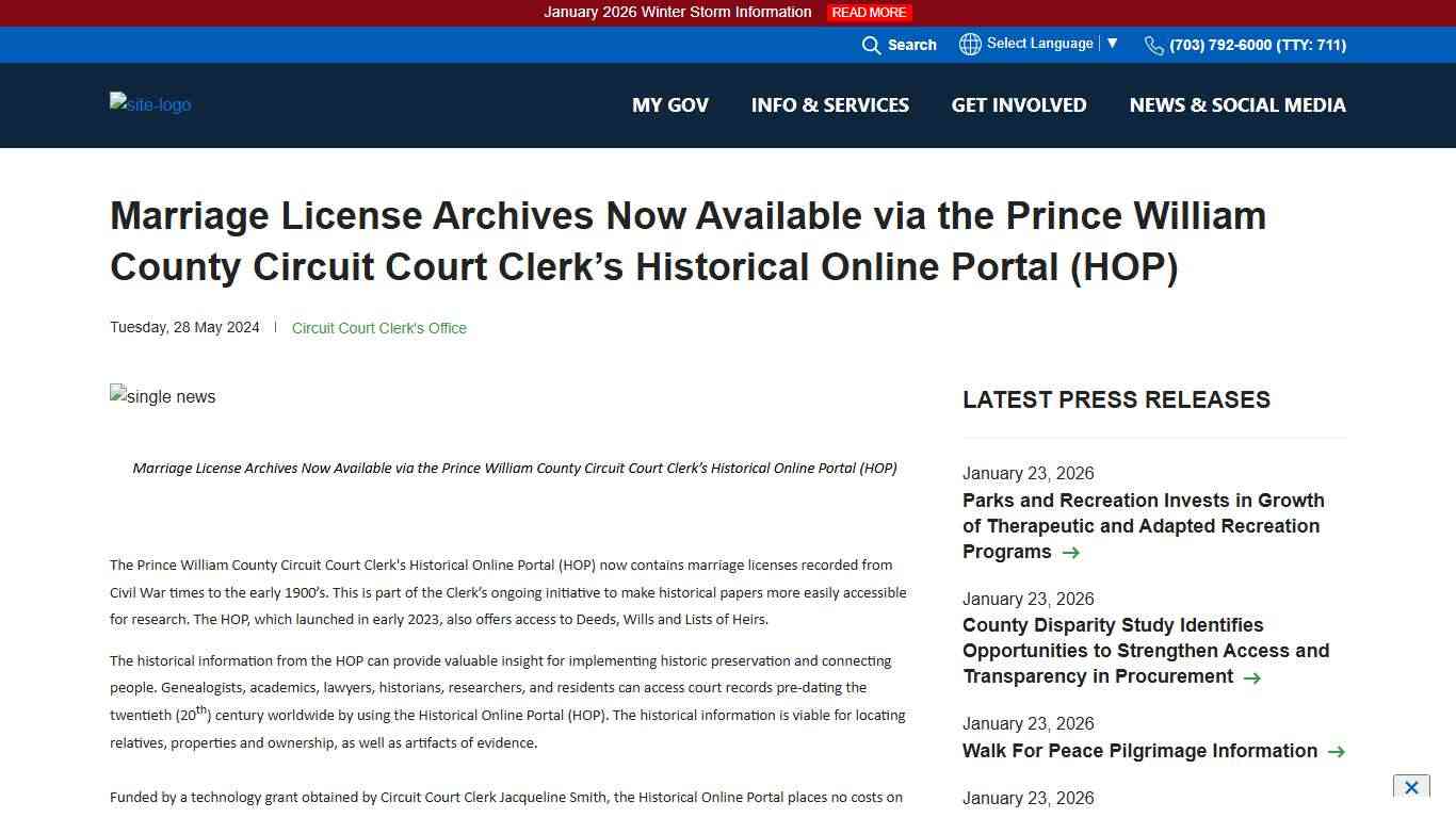 Marriage License Archives Now Available via the Prince William County Circuit Court Clerk’s Historical Online Portal (HOP)